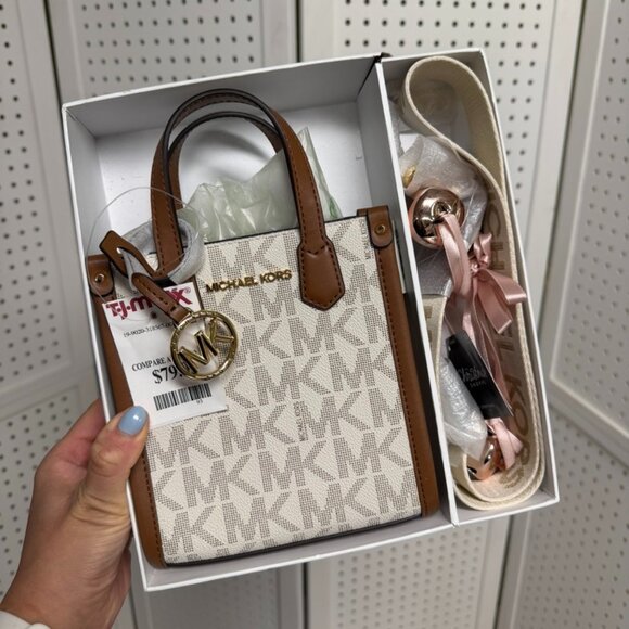 Michael Kors Handbags - Michael Kors Extra-Small Gigi Logo Crossbody Canvas Bag Vanilla White Gold NWT